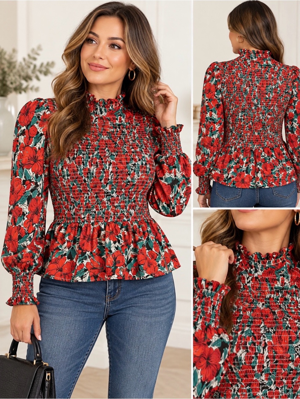 Floral Smocked Peplum Blouse Medium Red Teal Ruffle Cottagecore Boho Top